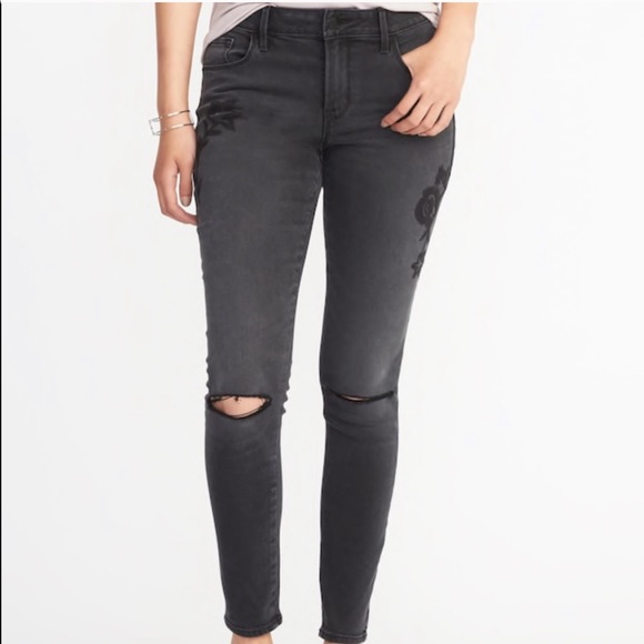 Old Navy Rockstar Super Skinny Black Jeans Floral - Picture 1 of 11